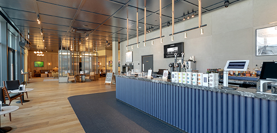Concession counter with blue fluted panelling and snack displays