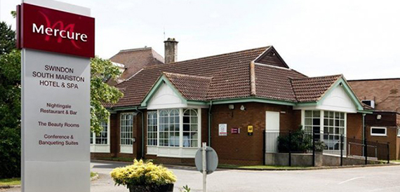 Exterior signage and entrance of the Mercure Swindon South Marston Hotel and Spa.
