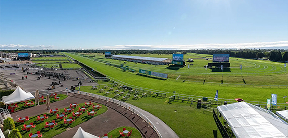 Aerial view of the racecourse track and hospitality enclosures