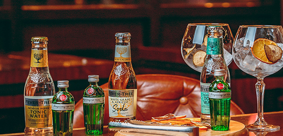 Close-up of tonic water bottles and gin glasses garnished with dried citrus