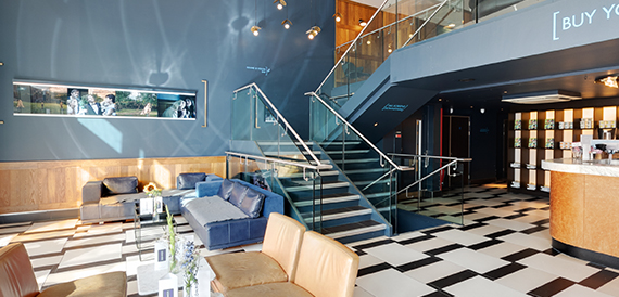 Staircase beside blue sofas with a glass balustrade
