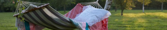 Garden hammock with striped cushions strung between trees.
