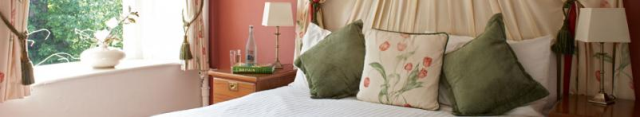 Bedroom detail with a green cushion, bedside lamp and floral curtains.