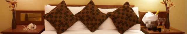 Close-up of a patterned brown cushion resting on white pillows in a bedroom.