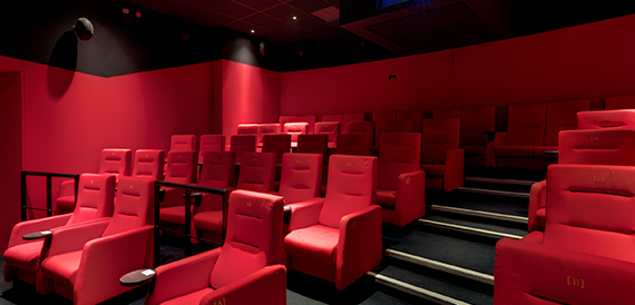Cinema auditorium with red seats descending in stepped rows