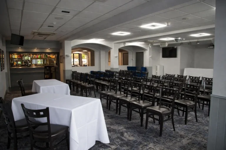 Glindon Room set theatre-style with rows of chairs and small tables