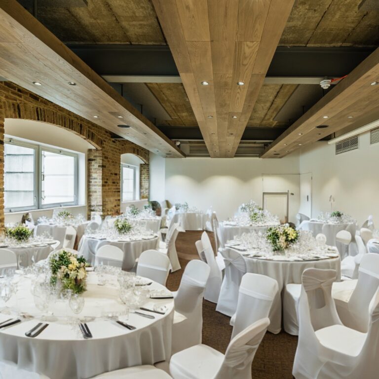 The Bridge Room with round tables in white covers under exposed beams