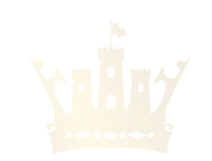 Pale decorative castle and crown emblem graphic on an off-white background