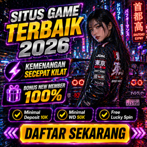 Advertising graphic for an online gaming website in Indonesian, unrelated to the venue