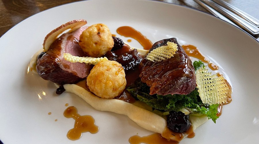 Duck breast with crispy croquettes, parsnip puree and a rich jus.