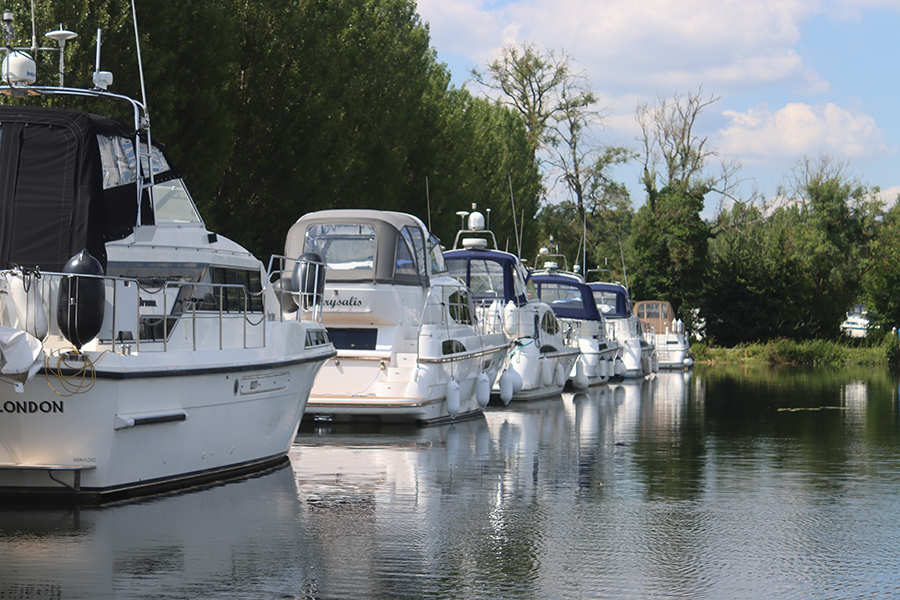 Motor cruisers moored along a tree-lined stretch of the River Thames.