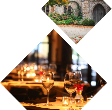Collage graphic showing a stone archway entrance and a candlelit dinner table setting